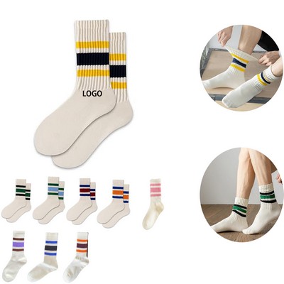 Striped Crew Socks Seamless Toe Light Cream